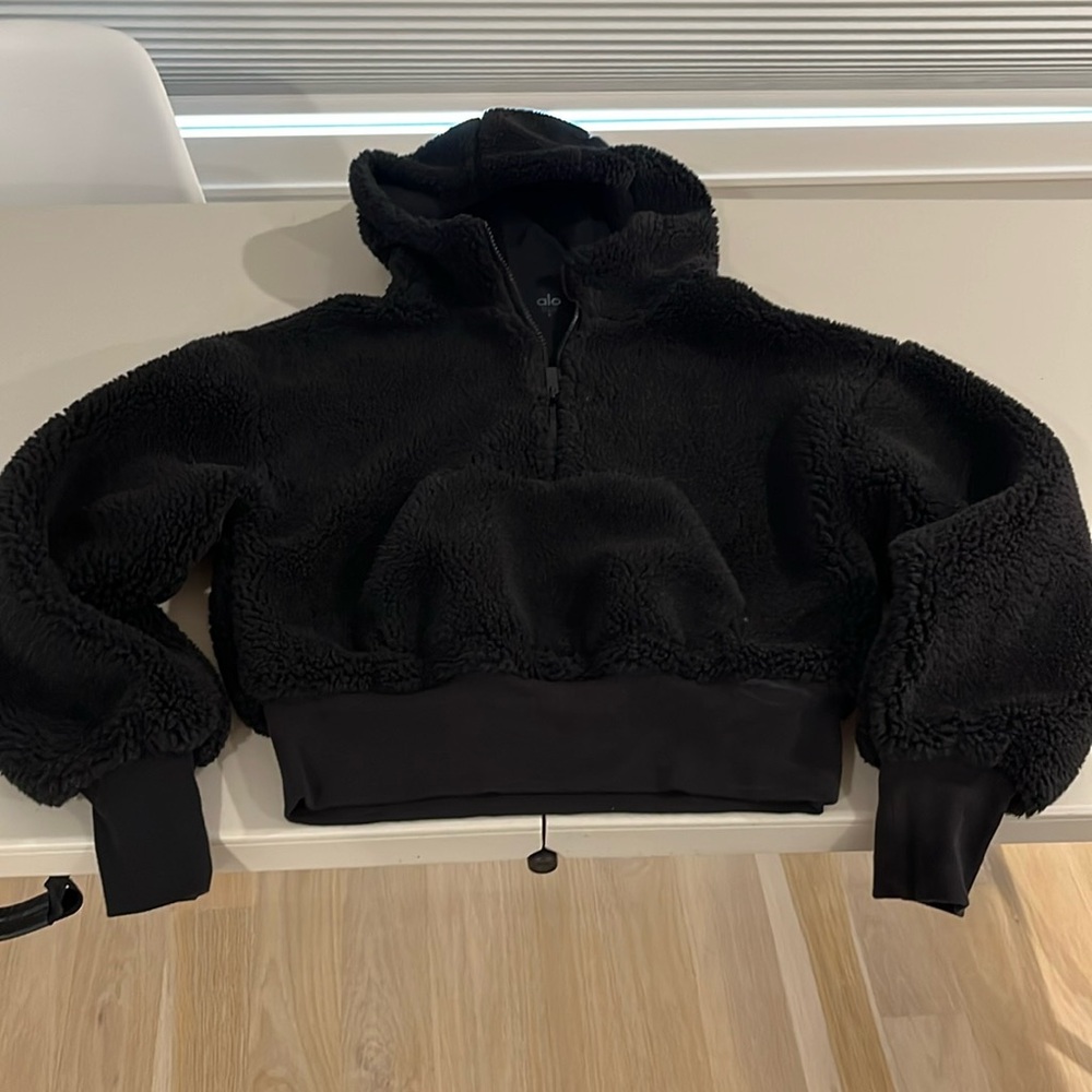 ALO Yoga Sherpa Streetside Half Zip Hoodie Sweatshirt WOMENS SMALL Black